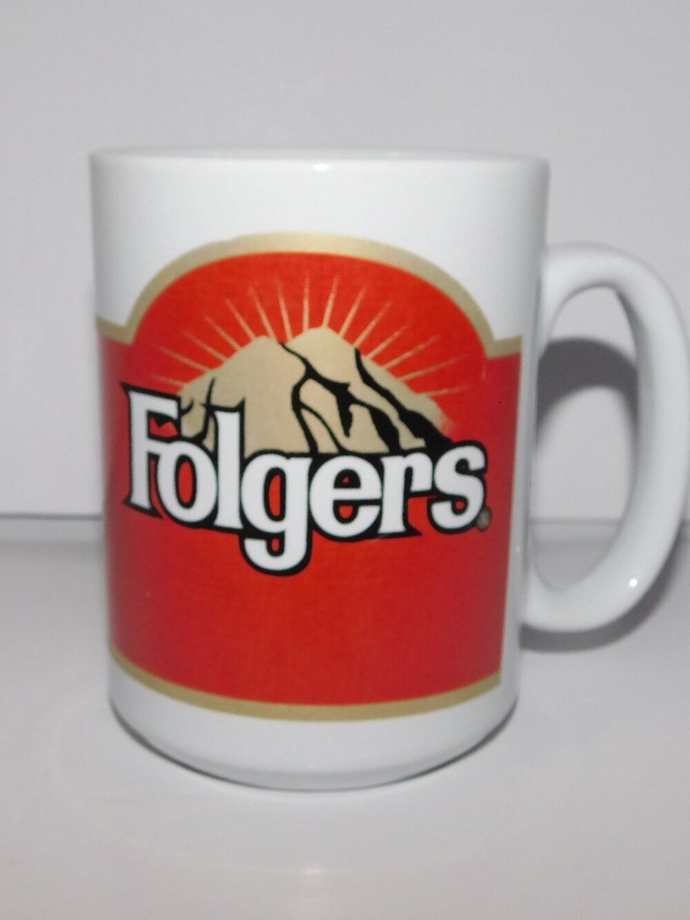 Vintage Folgers Coffee Logo Mug White Red Mountain Prestige